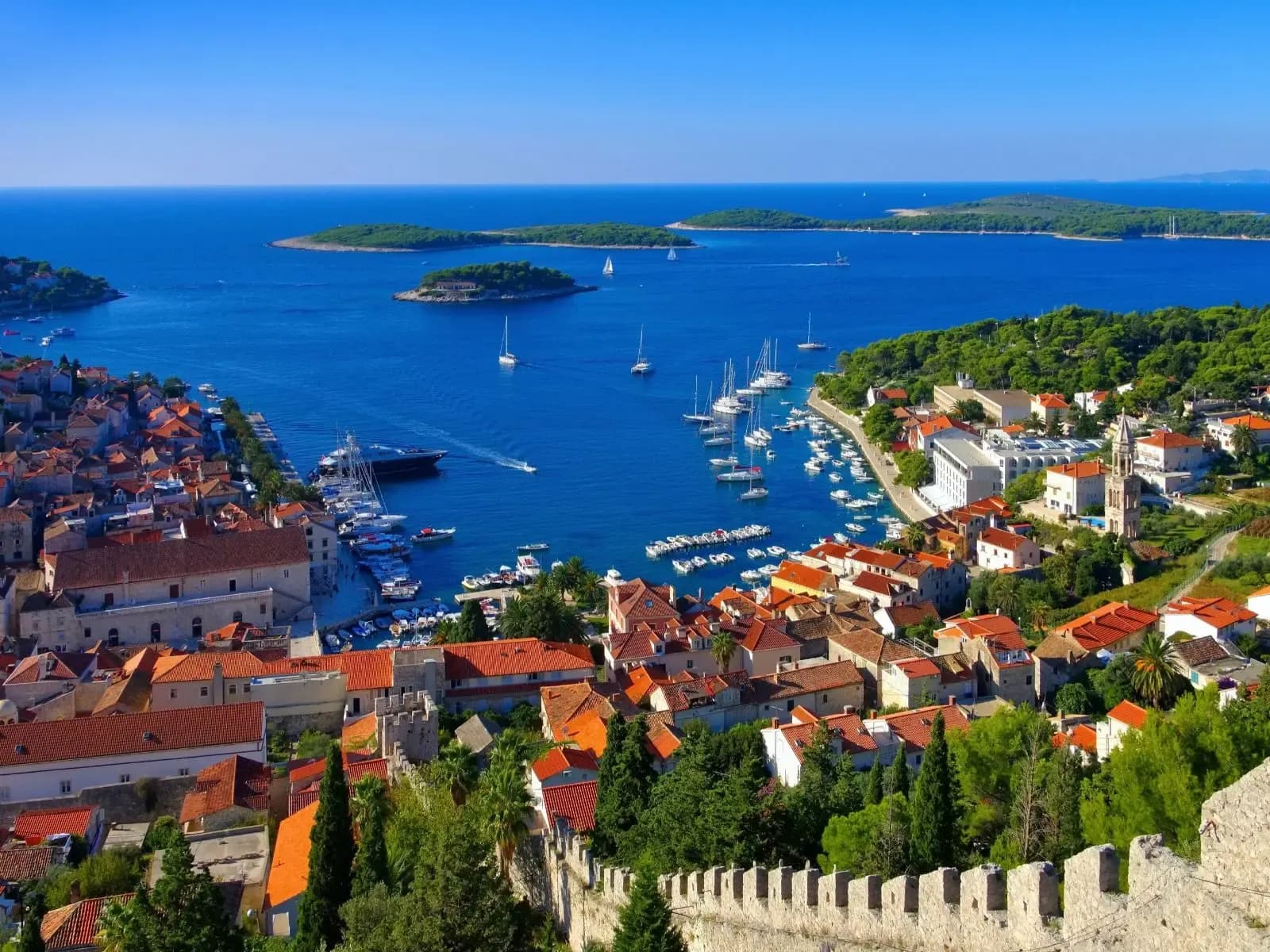 Hvar Town harbour and the Pakleni Islands seen from Fortica fortress, Croatia