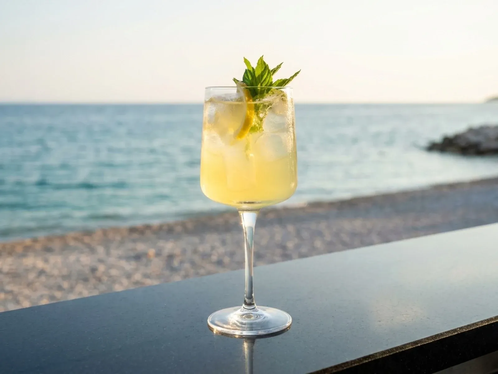 A limoncello spritz with mint and lemon, on a bar top above the Adriatic at golden hour