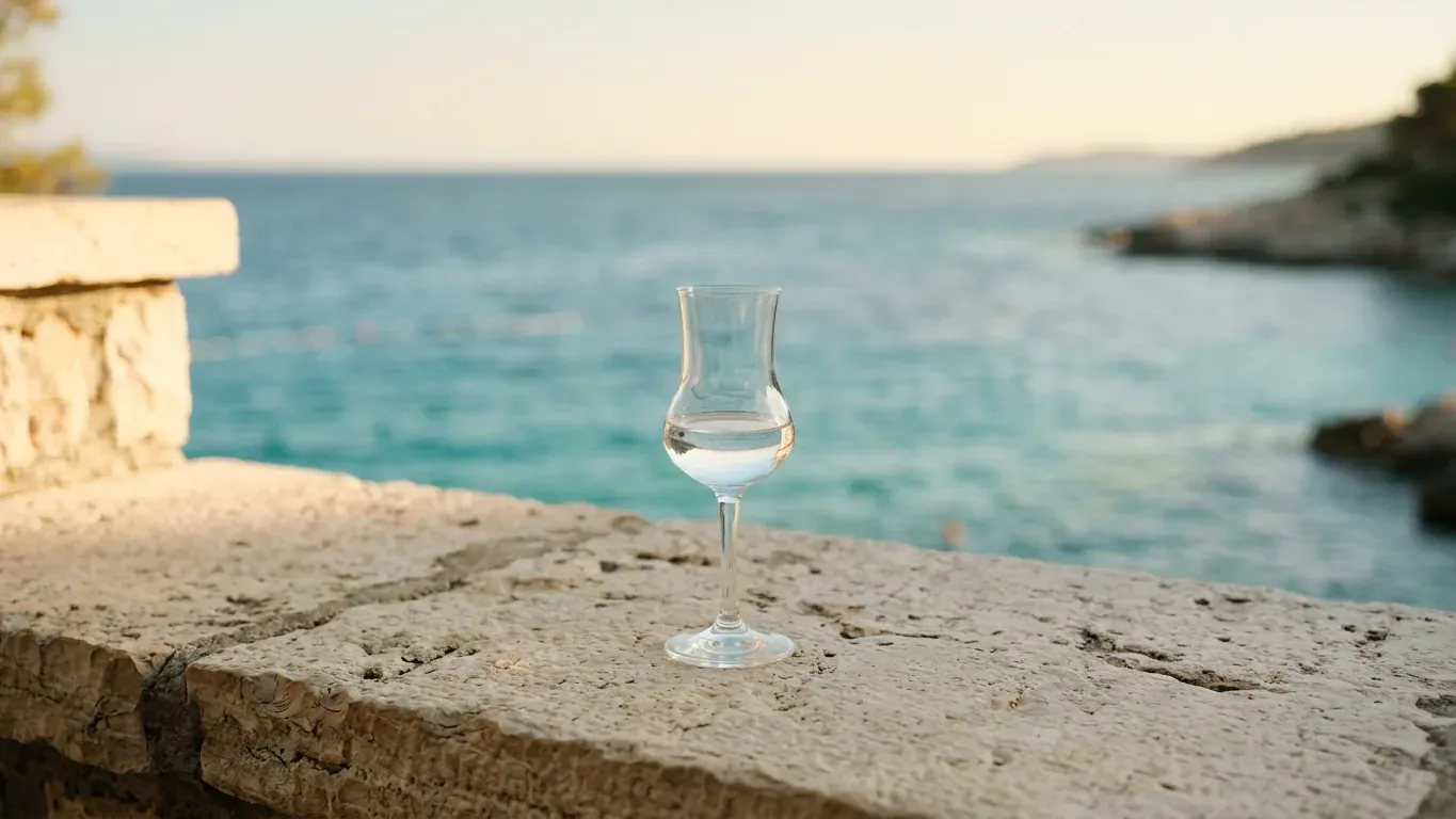 A small glass of clear rakija on a stone ledge above the Adriatic at golden hour