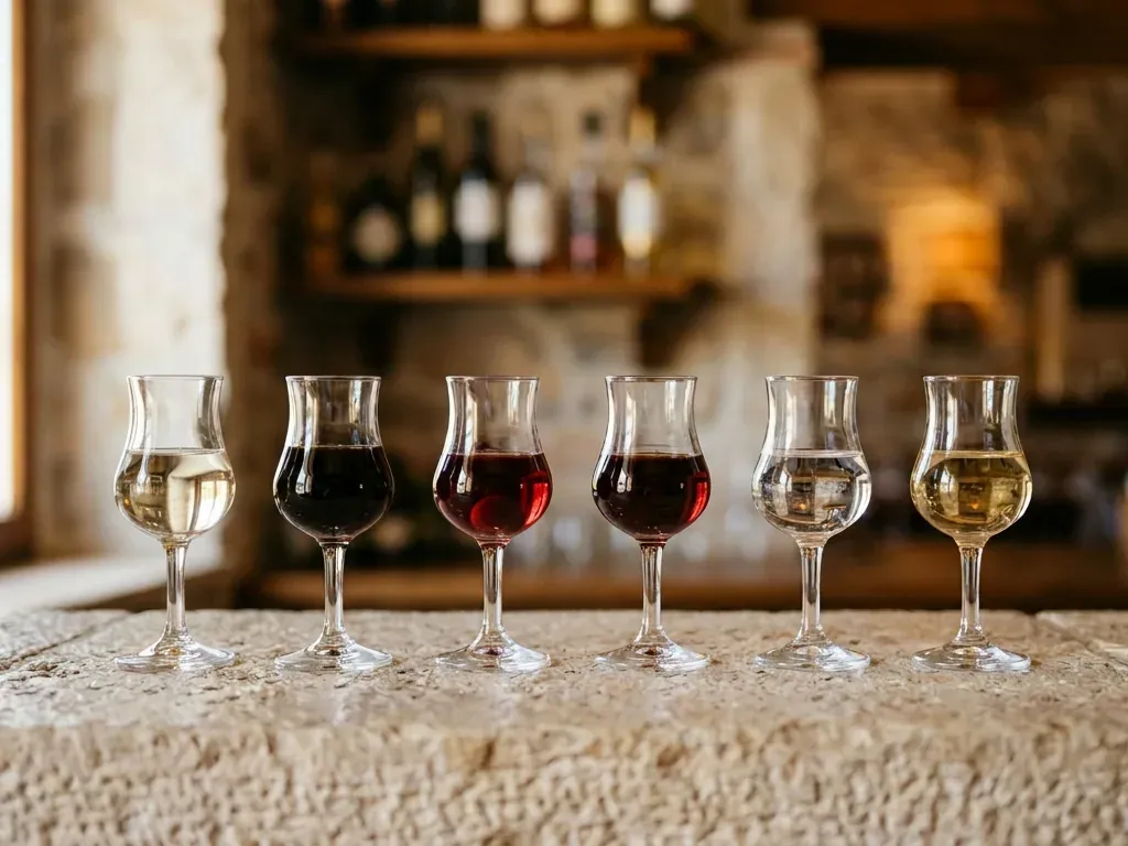 Six small glasses of rakija in a row, from pale herbal and dark walnut to red cherry, clear pear and golden plum