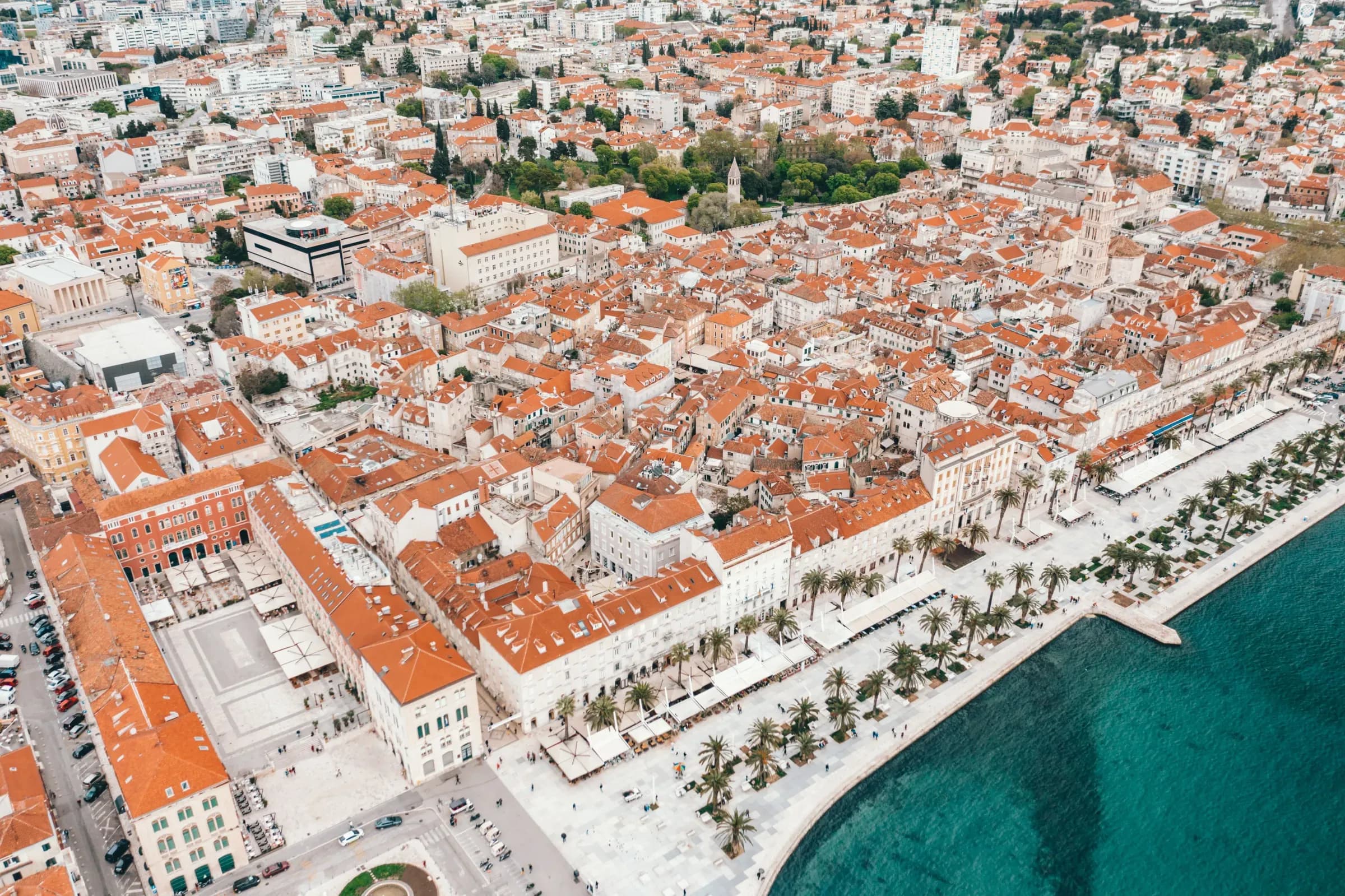Aerial view of Split, Croatia with its old town and the Adriatic coast