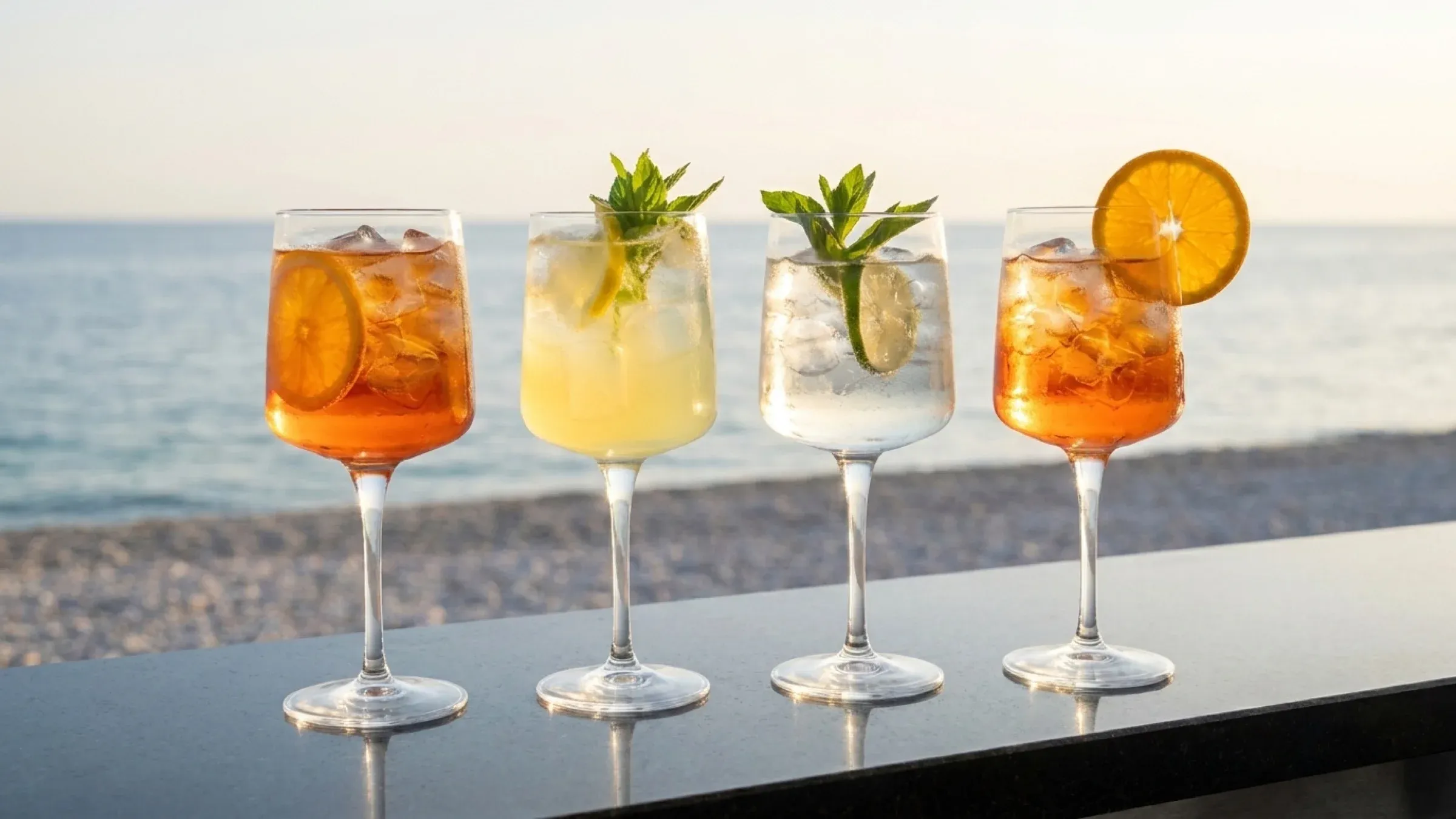 Four spritz cocktails in a row on a bar top above the pebble beach at Znjan, Split, Croatia, at golden hour