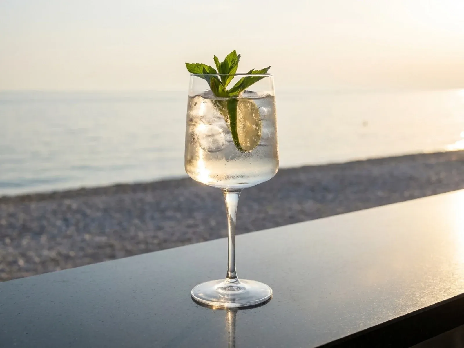 A St Germain Hugo spritz with mint and lime, on a bar top above the pebble beach at Znjan, Split